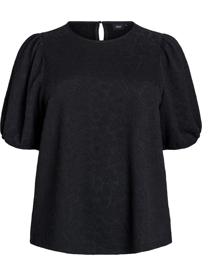 Gestructureerde blouse met korte mouwen, Zwart, Packshot image number 0