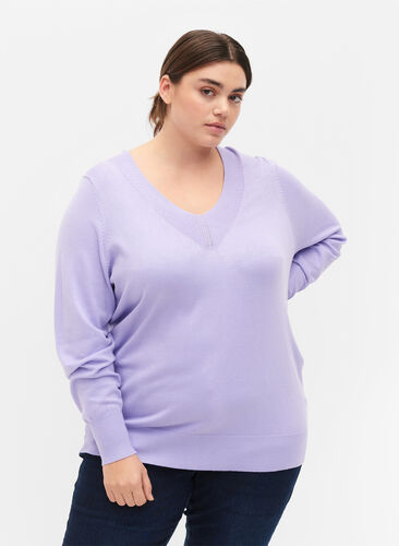 Gebreide blouse van viscose met v-hals, Lavender, Model image number 0