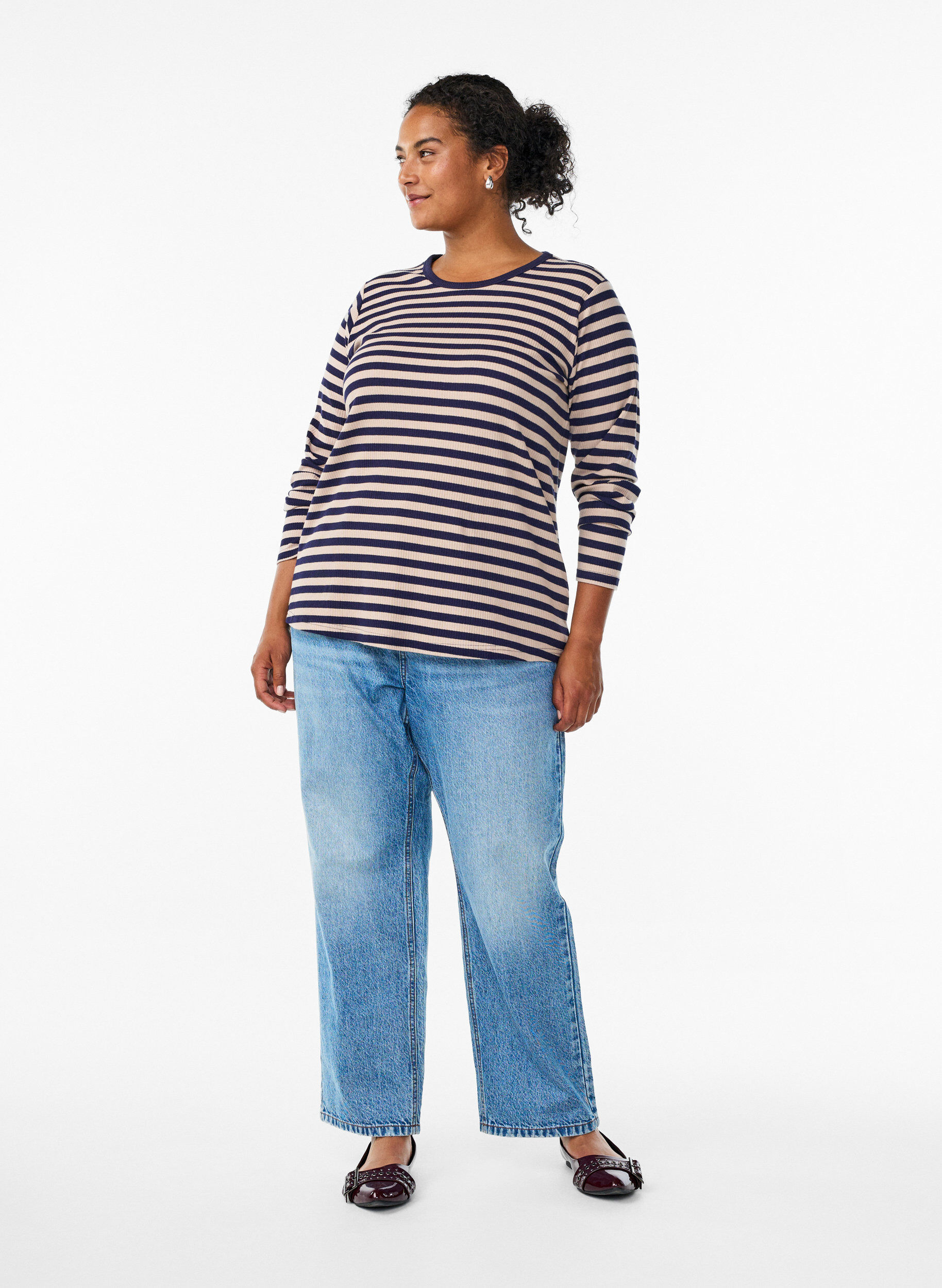 Zizzi Gestreepte blouse met lange mouwen, Beige, Model image number 1