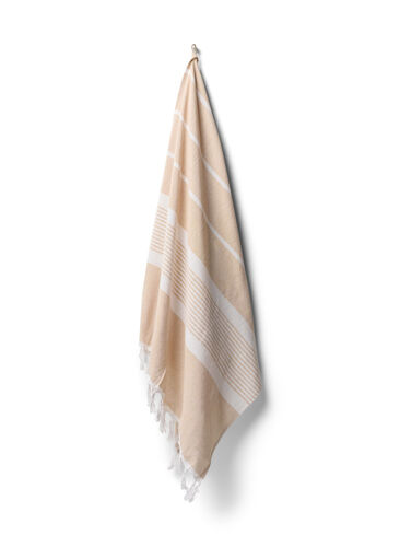 Gestreepte handdoek met franjes, Light Beige Melange, Packshot image number 0
