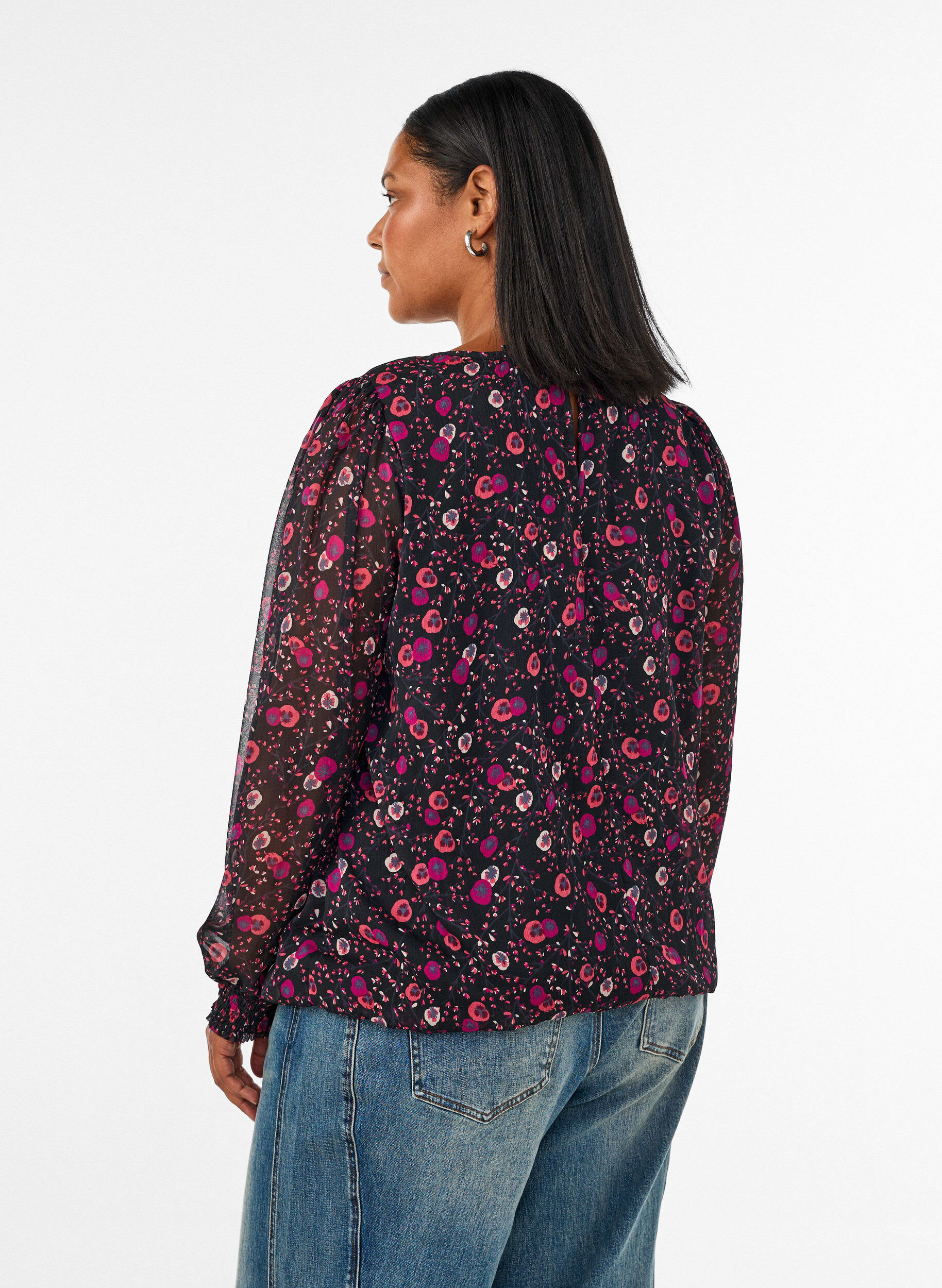ZizziChiffon blouse met bloemenprint en sheer mouwen, Zwart, Model image number 2