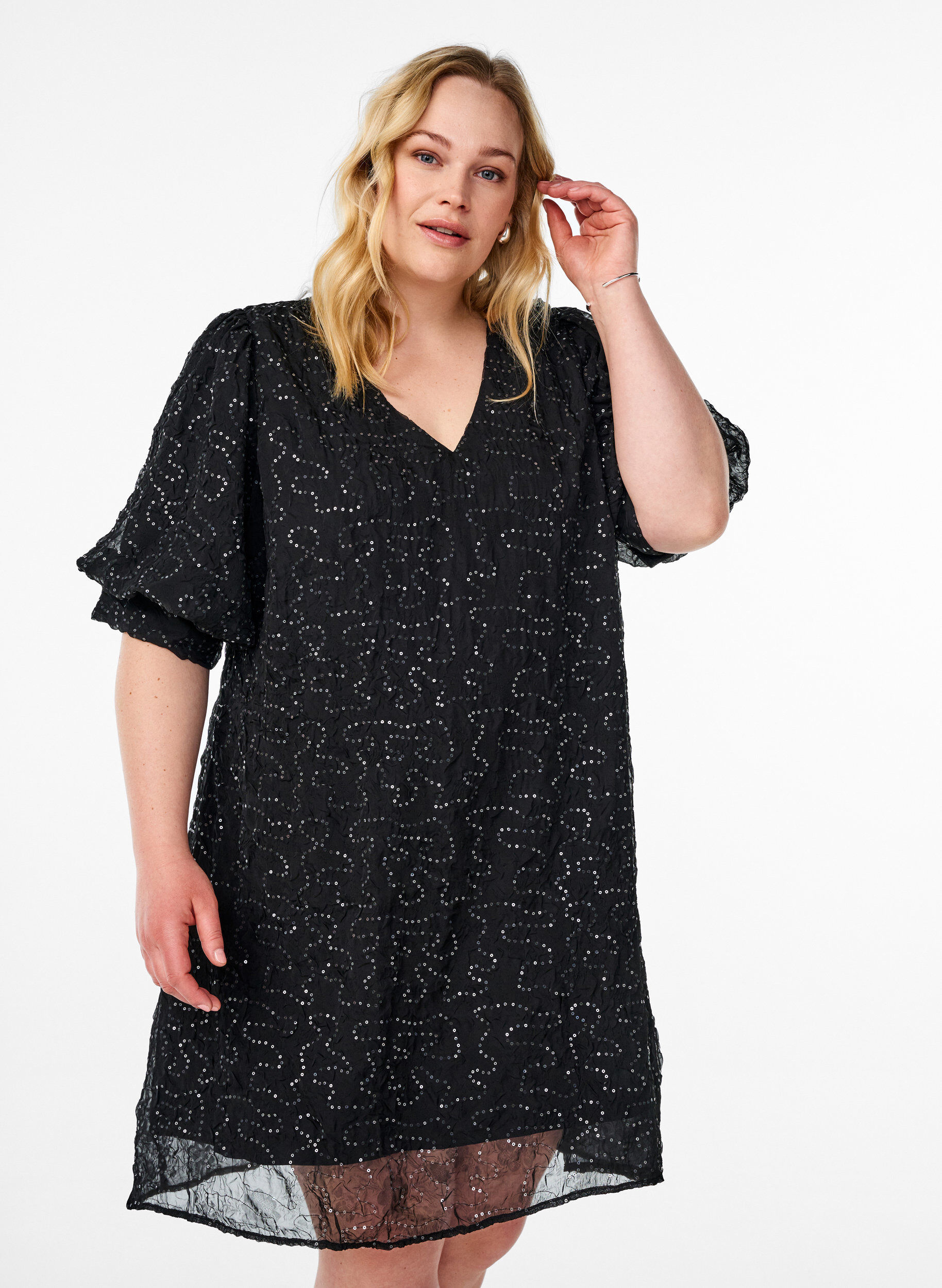 Zizzi Korte feestjurk met pailletten, Zwart, Model image number 0