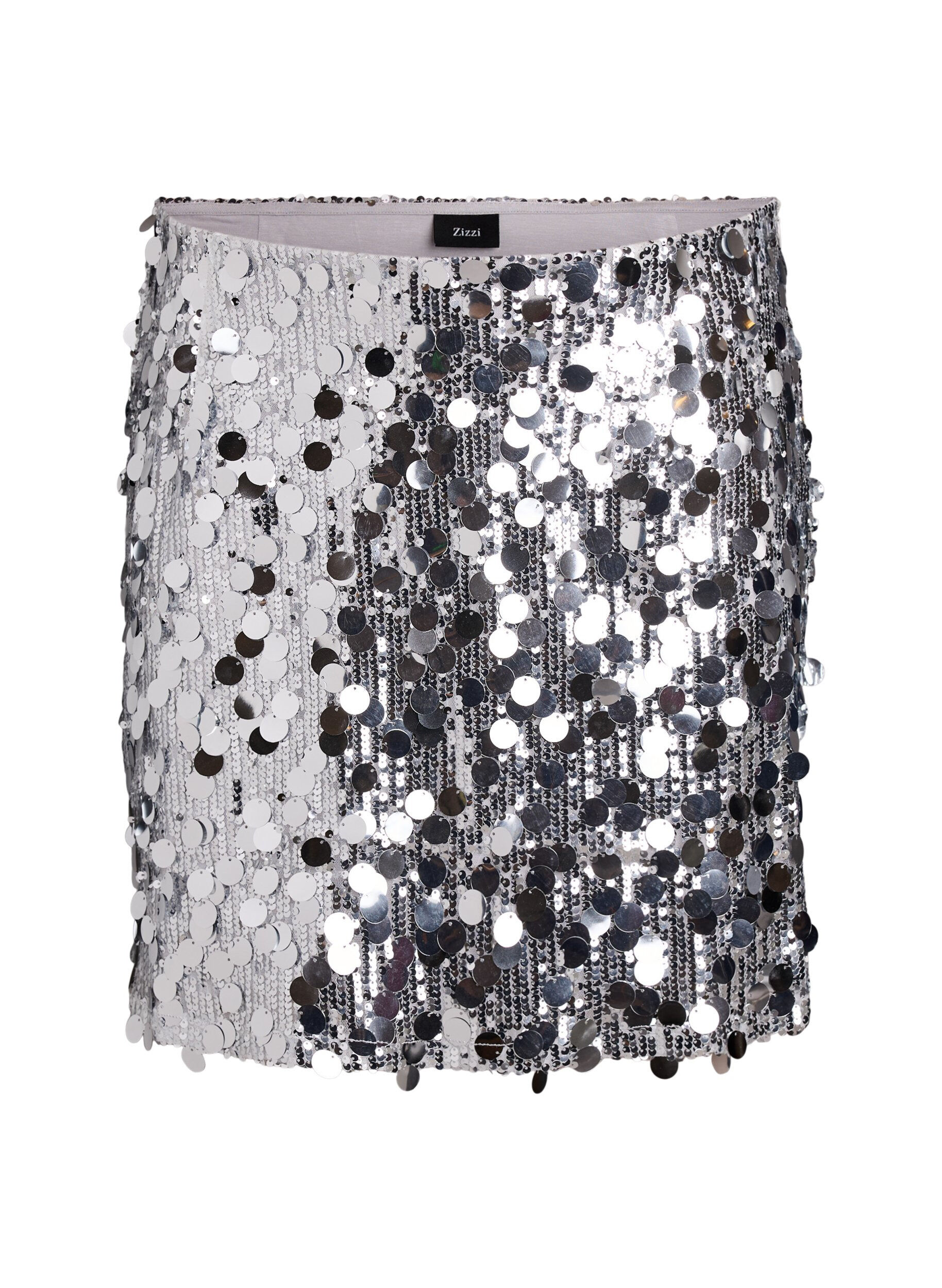 Zizzi Korte paillettenrok met elastische tailleband, Zilver, Packshot image number 0