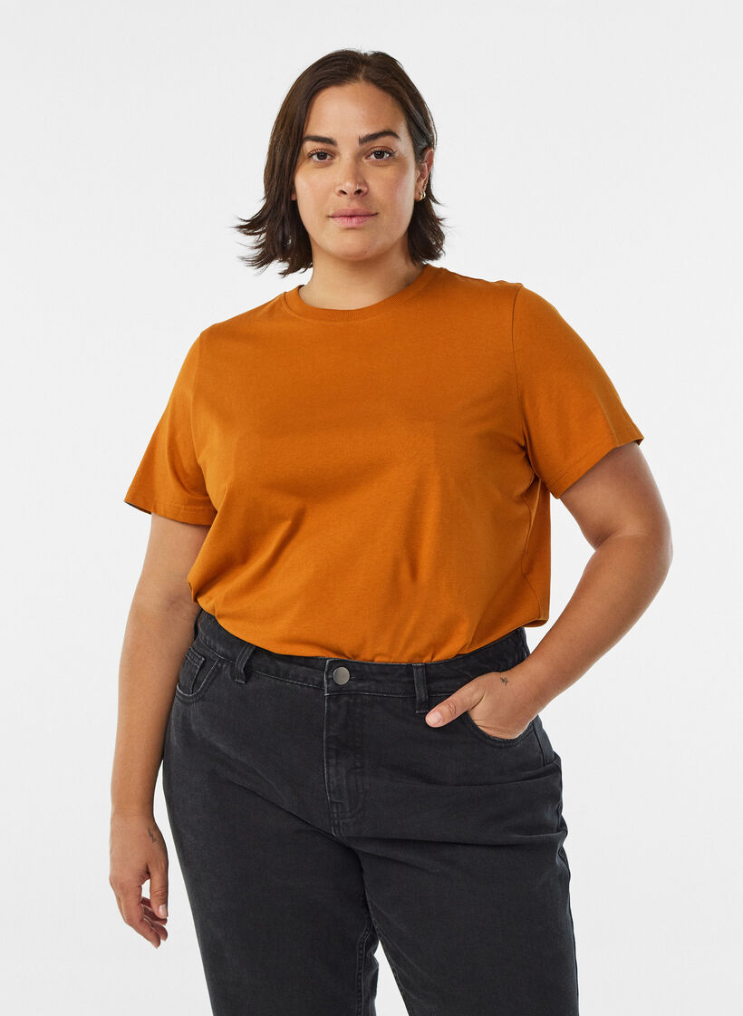 Basic katoenen T-shirt met ronde hals, Oranje, Model image number 0