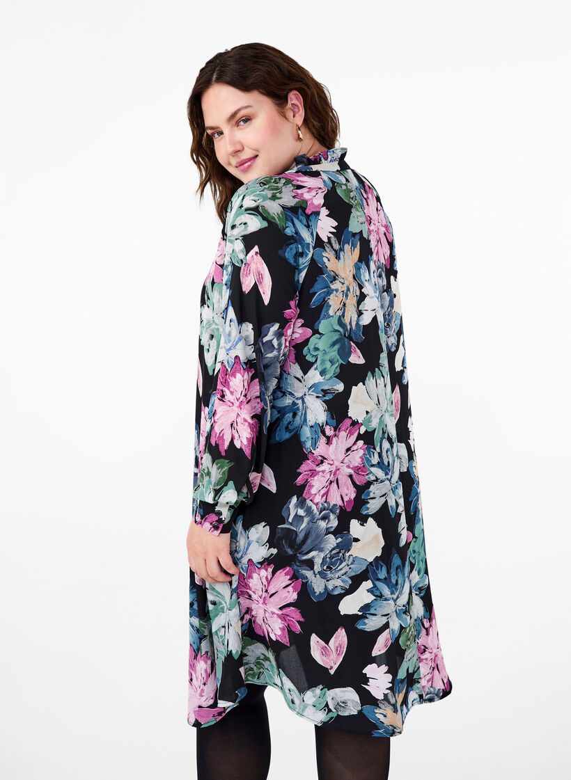 Jurk met lange mouwen en bloemenprint, Rose Flower AOP, Model image number 1