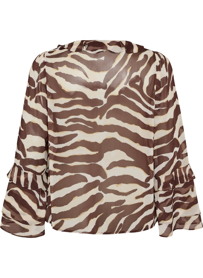 Chiffon blouse met zebraprint en ruches, Bruin, Packshot image number 1
