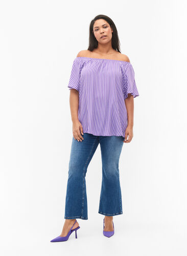 Effen blouse van viscose met korte mouwen, Deep L./White Stripe, Model image number 2