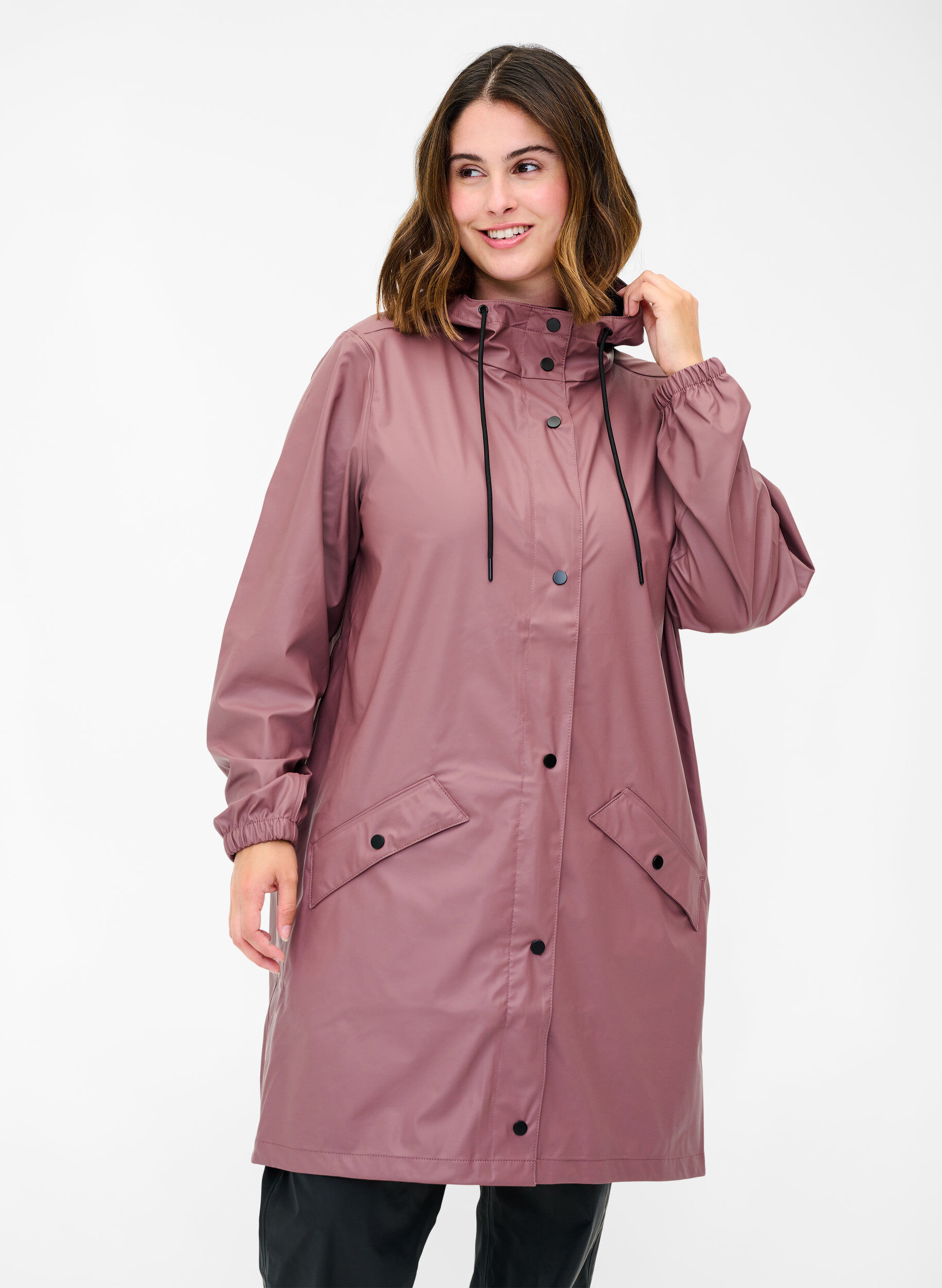 Zizzi Regenjas met capuchon en knoopsluiting, Rose Taupe, Model image number 0