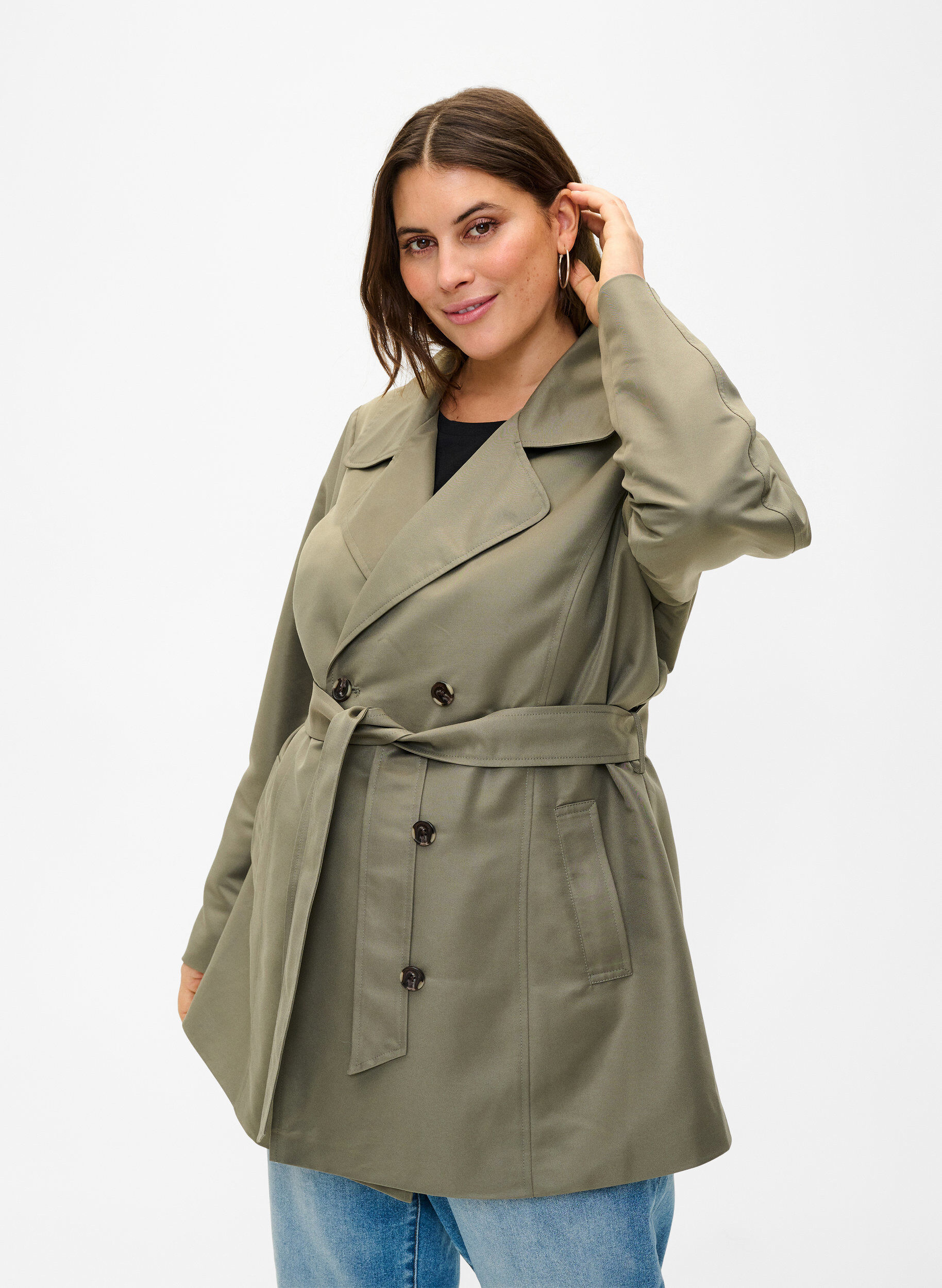 Korte trenchcoat met riem, Groen, Model