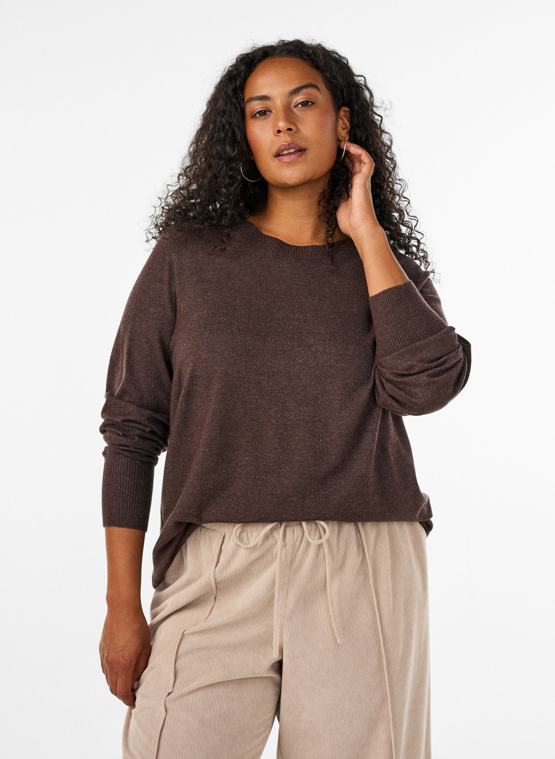 ZizziGebreide blouse met ronde hals, Bruin, Model image number 0