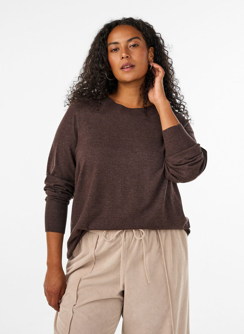 Gebreide blouse met ronde hals, Bruin, Model image number 0
