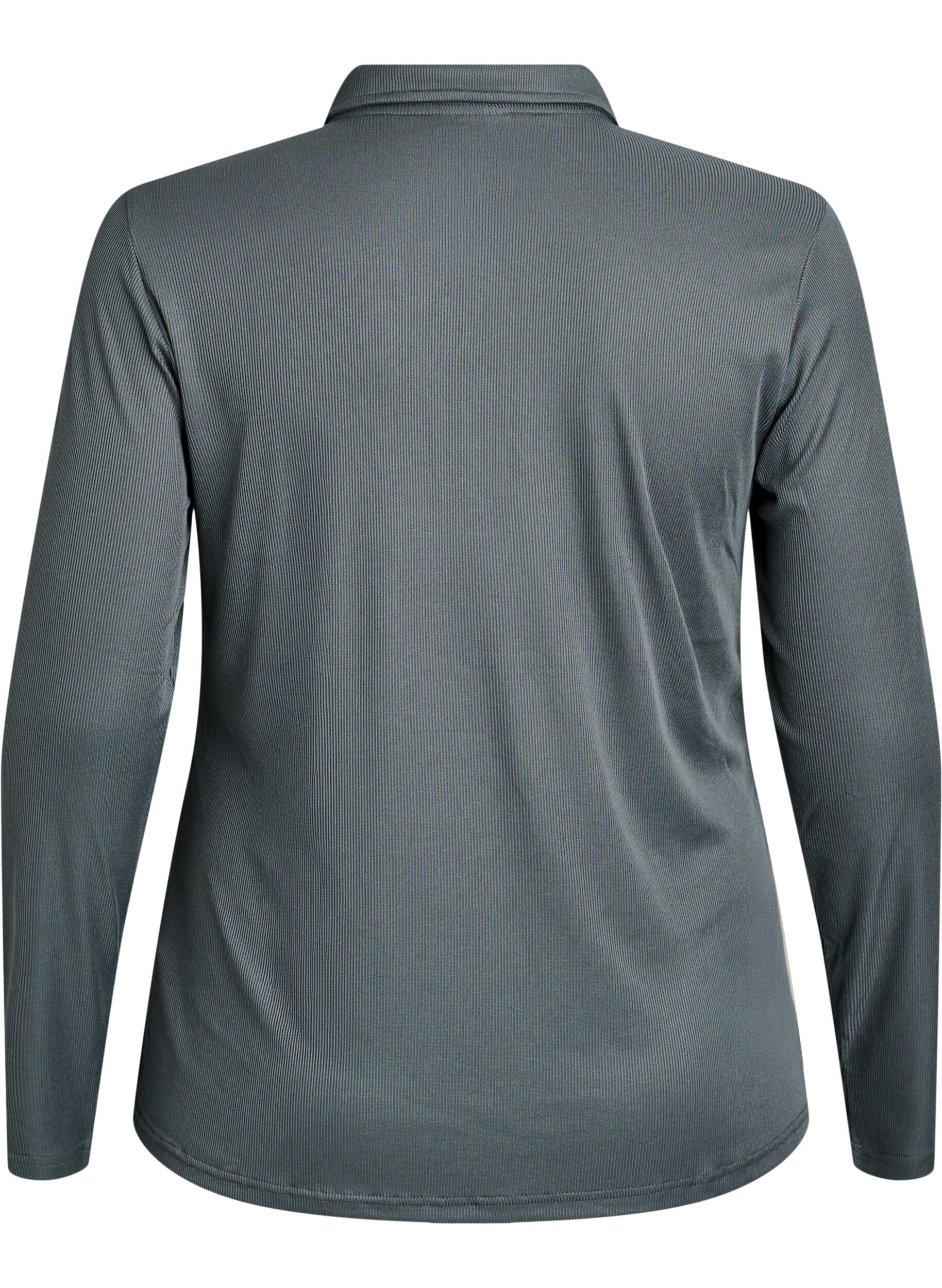 Zizzi Polo in zachte rib met lange mouwen, Groen, Packshot image number 1