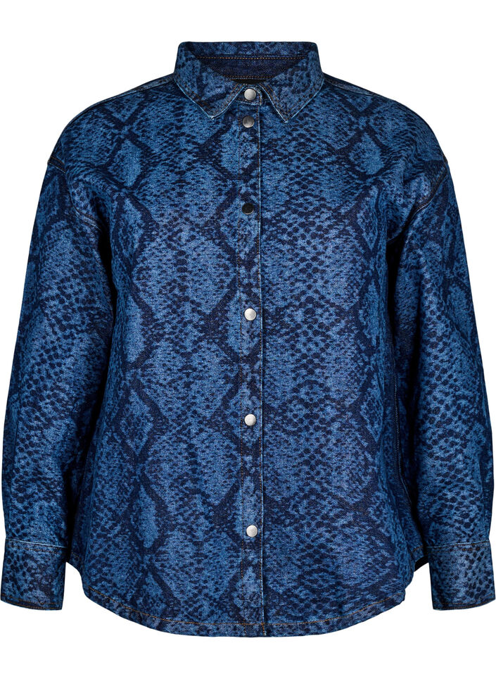 Losse denimblouse met slangenprint, Blauw, Packshot