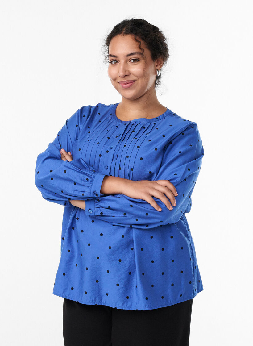 Blouse met lange mouwen en stippen, Blauw, Model image number 0
