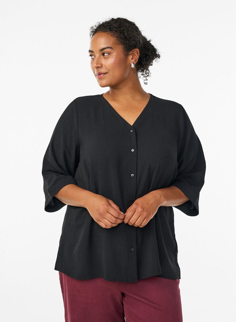 Shirtblouse met V-hals en 3/4 mouwen, Zwart, Model image number 0