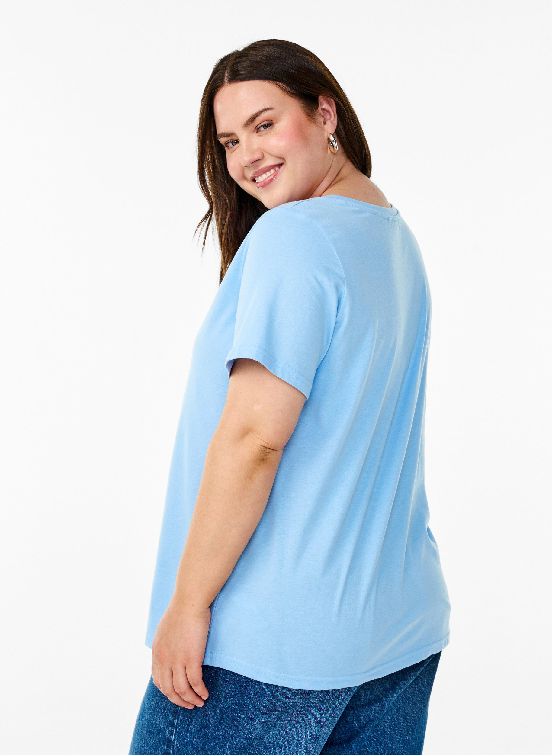 Zizzi T-shirt met korte mouwen en V-hals, Blauw, Model image number 2