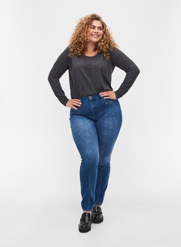 Dual core Amy jeans met hoge taille, Blue denim, Model image number 0