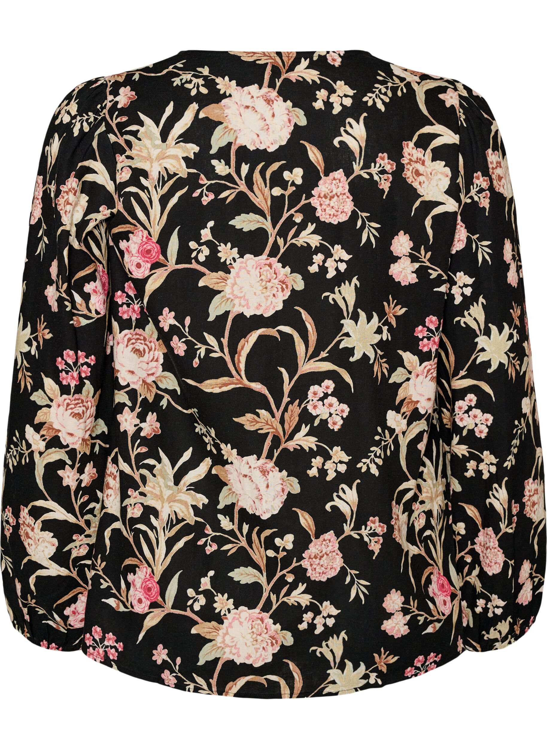 ZizziGebloemde blouse van linnen en viscose met lange mouwen, Zwart, Packshot image number 1