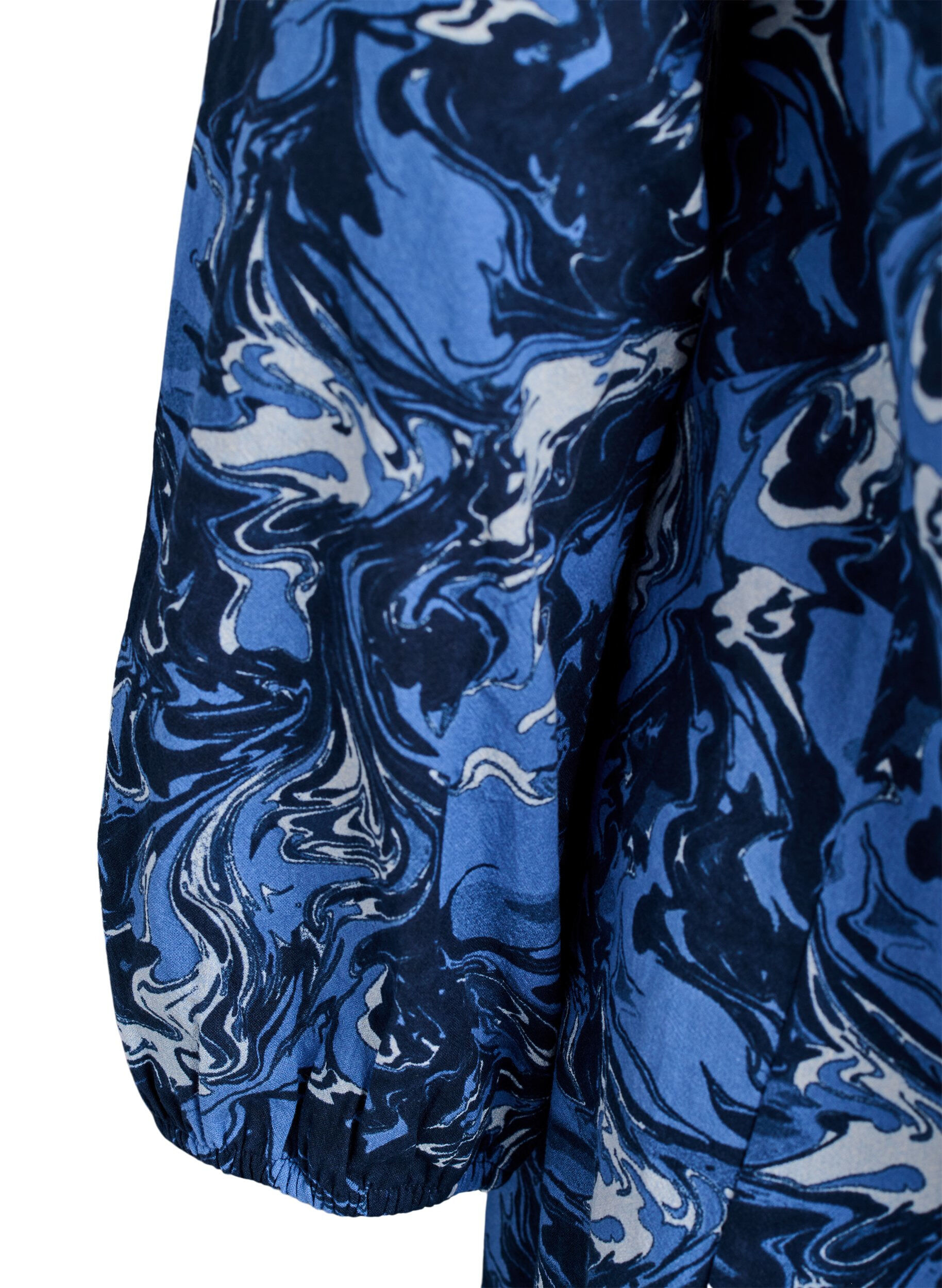 ZizziKorte katoenen jurk met een elastische zoom en lange mouwen, Blauw, Packshot image number 3