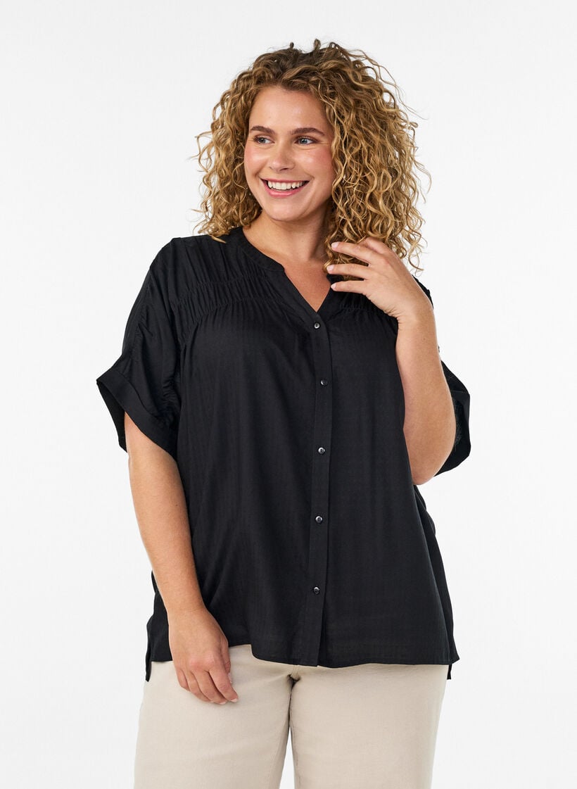 Viscose blouse met korte mouwen en rimpeldetail, Zwart, Model image number 0