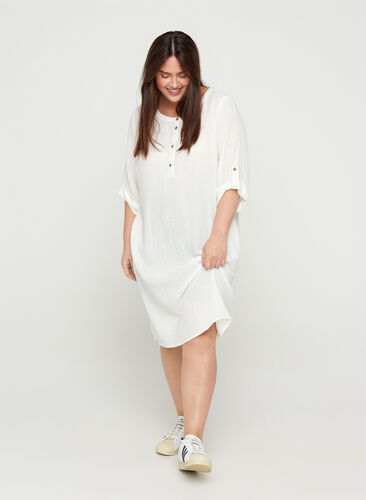 Katoenen jurk met knopen en 3/4 mouwen, Bright White, Model image number 0