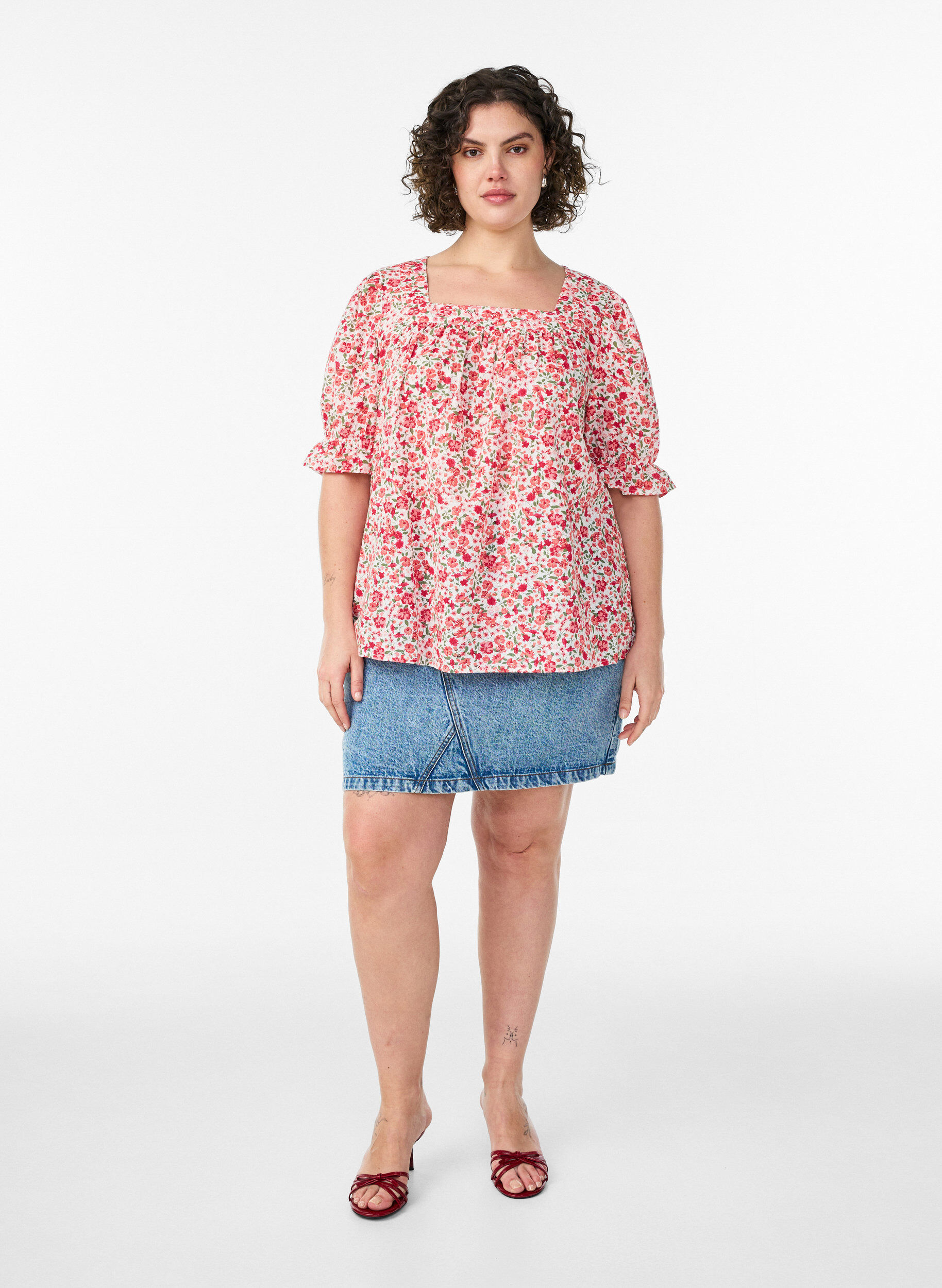 ZizziKatoenen blouse met vierkante halslijn, Rood, Model image number 1