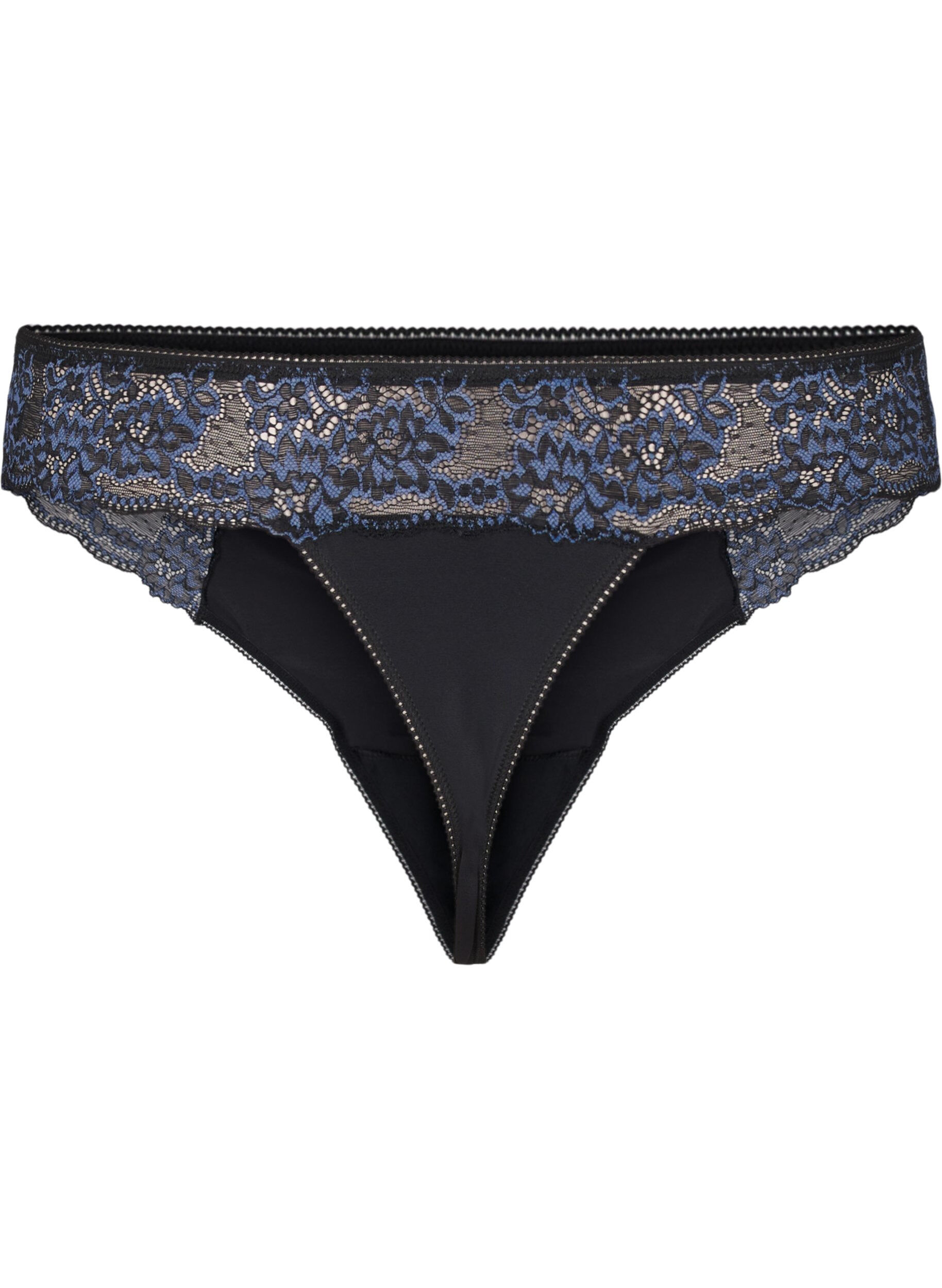 Zizzi G-string van microvezels met kant, Black w Blue, Packshot image number 1