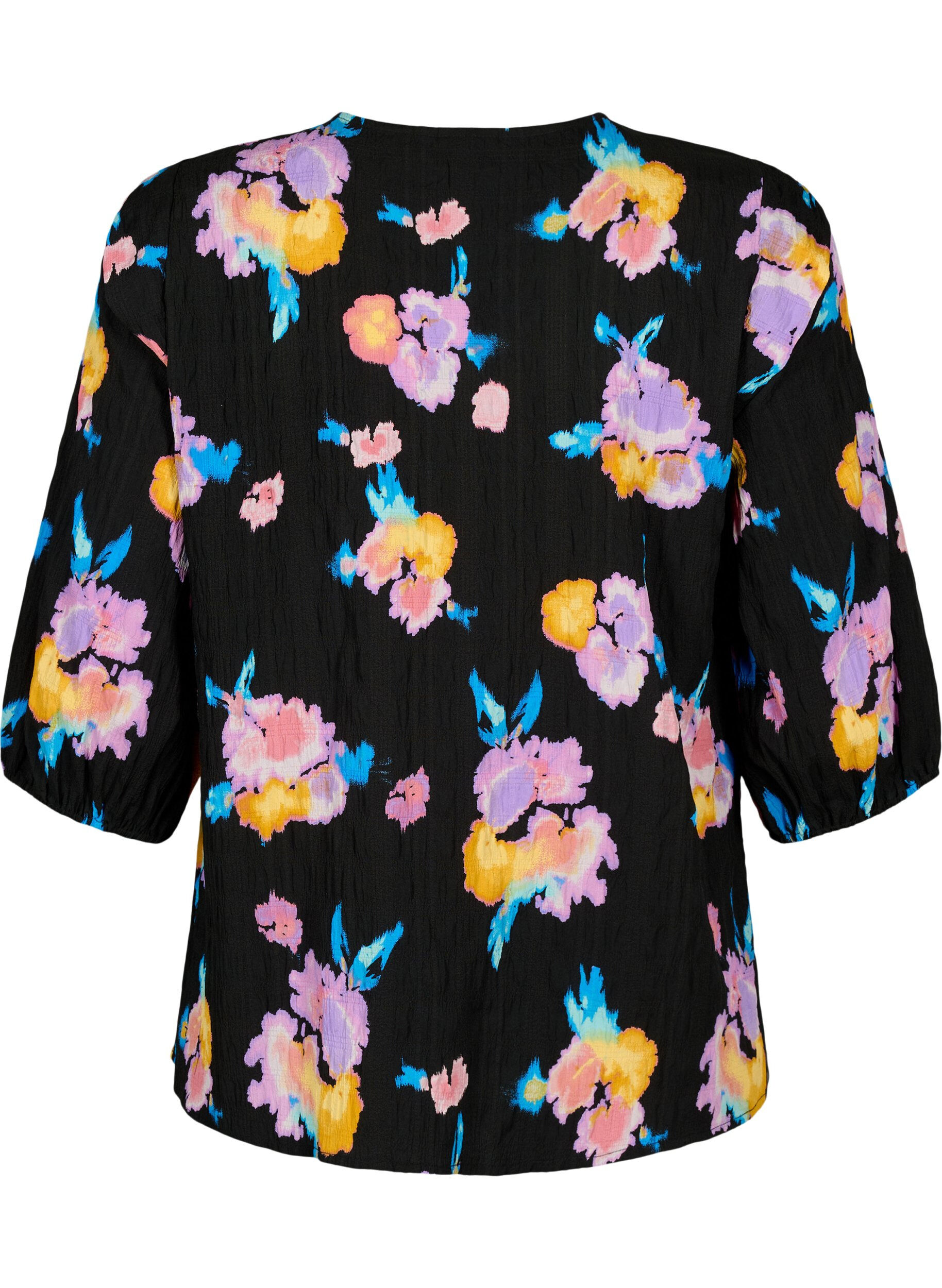 Zizzi Gebloemde blouse met ronde hals en ritssluiting, Zwart, Packshot image number 1