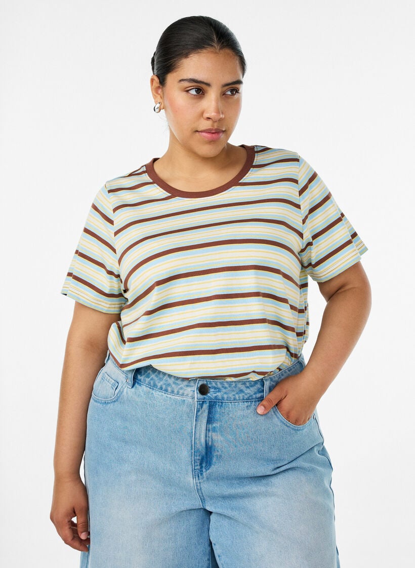 Gestreept T-shirt van biologisch katoen, Bruin, Model image number 0