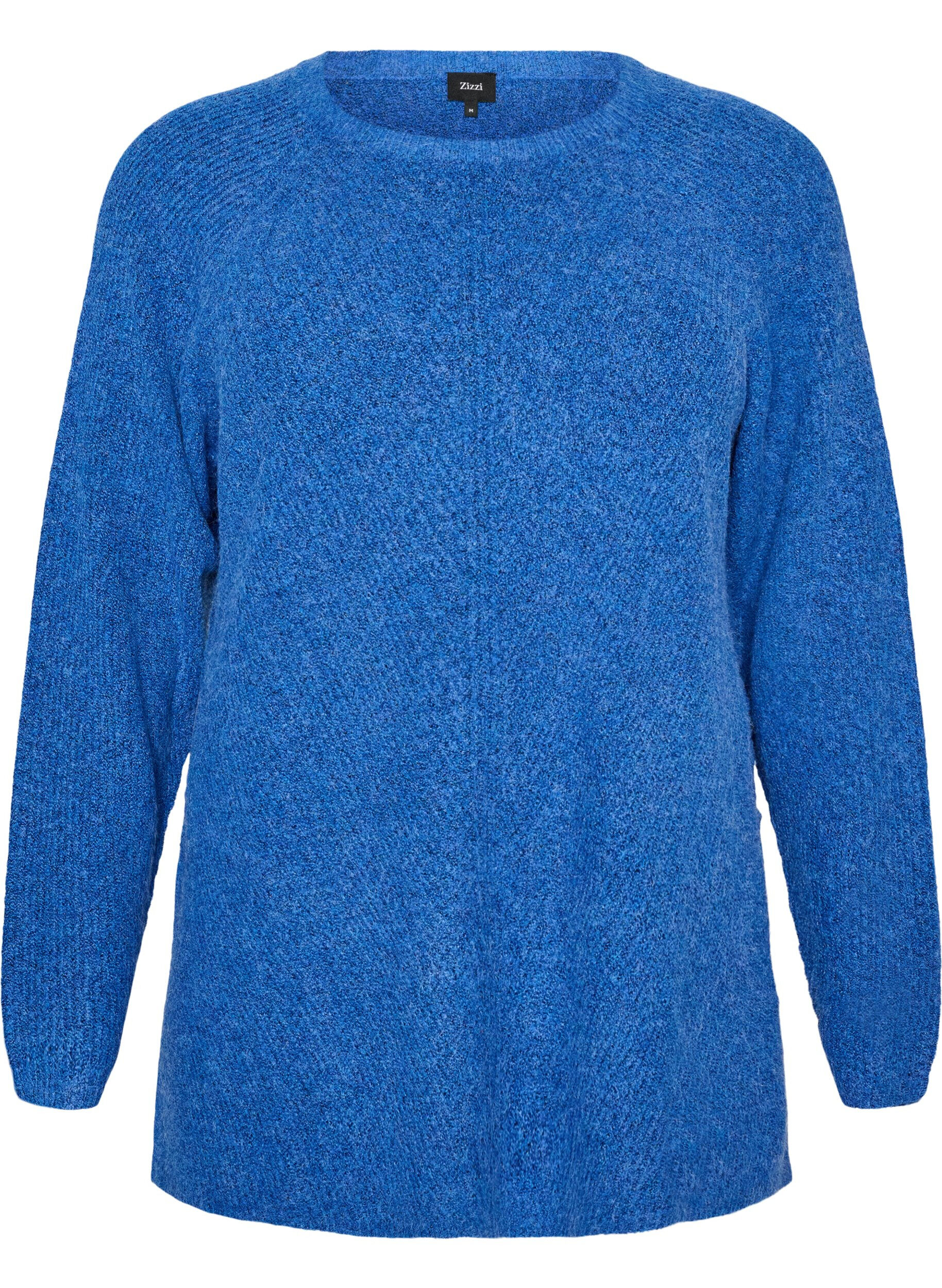 ZizziGebreide trui met een diagonaal patroon en raglanmouwen, Blauw, Packshot image number 0