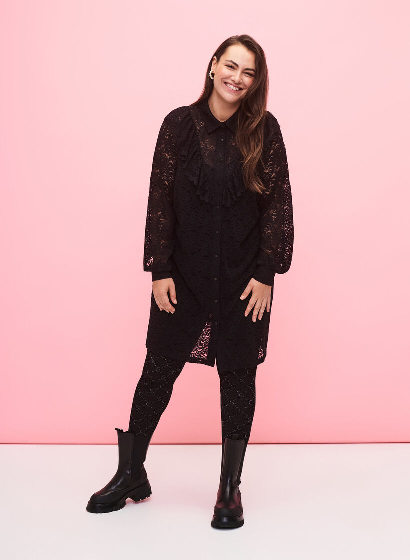 Kanten overhemdjurk met ruches, Black, Model image number 2