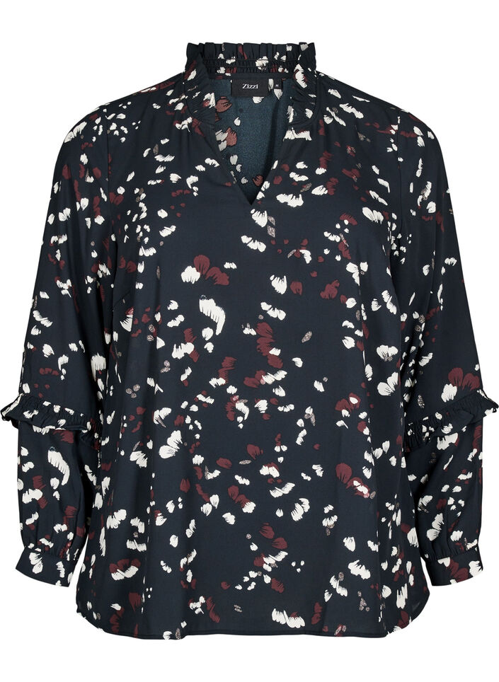 Blouse met print en ruchedetails, Zwart, Packshot image number 0