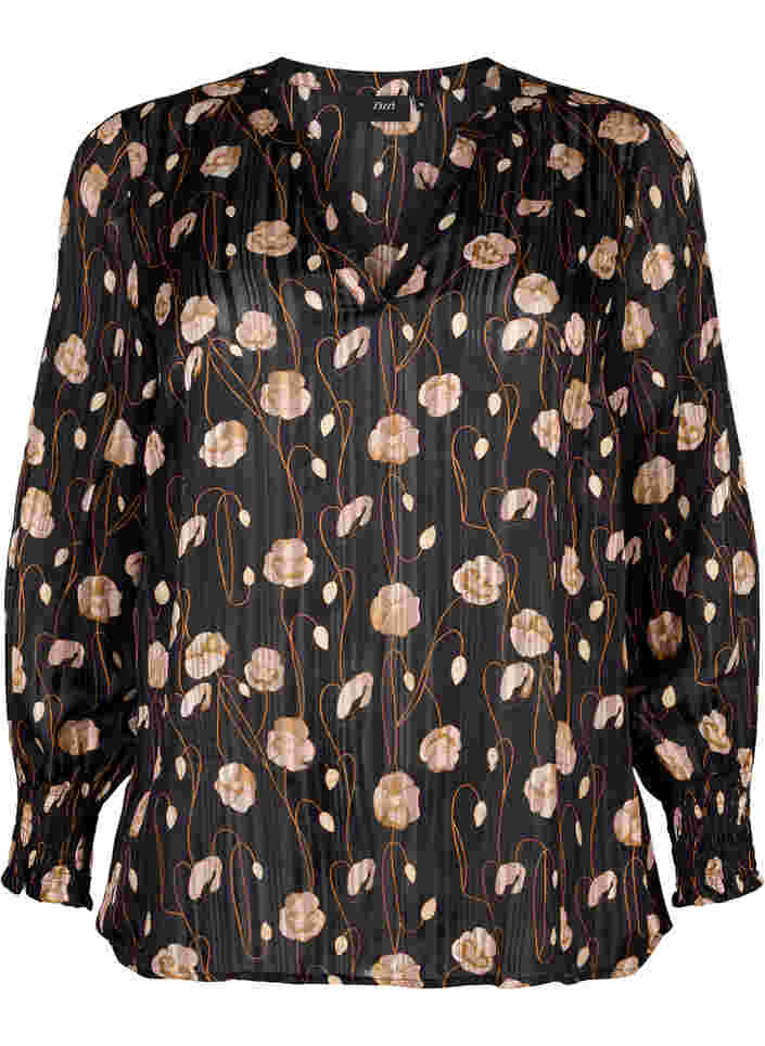 Bedrukte blouse met smok en v-hals, Black Flower, Packshot image number 0
