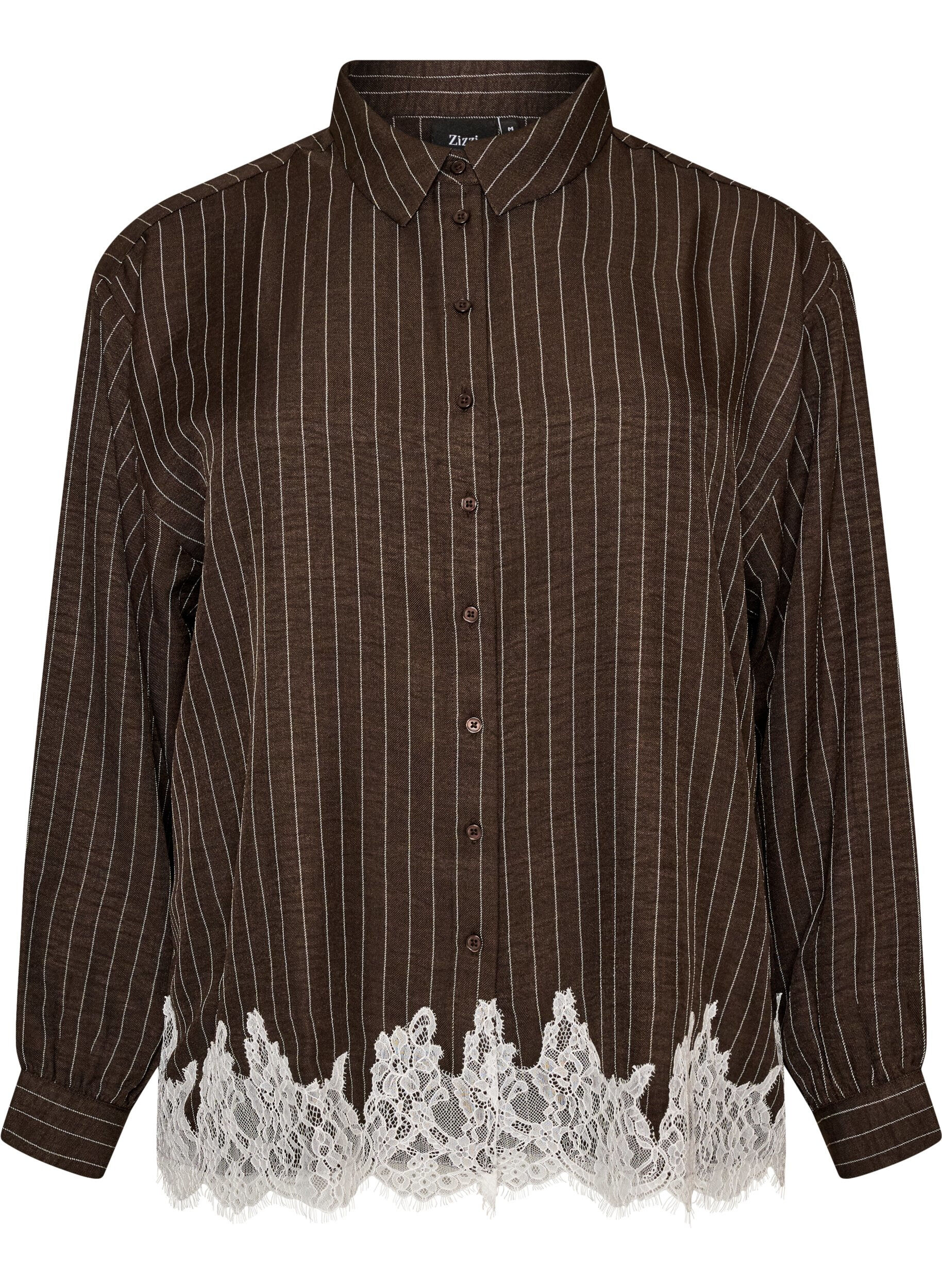 ZizziKrijtstreepblouse met kanten rand, Bruin, Packshot image number 0
