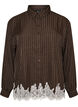 Krijtstreepblouse met kanten rand, Bruin, Packshot image number 0
