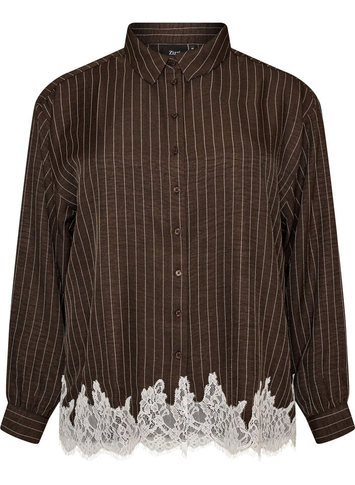 Krijtstreepblouse met kanten rand, Bruin, Packshot image number 0