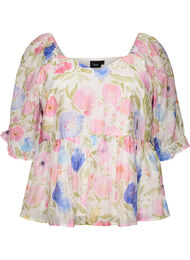 Lyocell blouse met bloemenprint en hartvormige halslijn, Wit