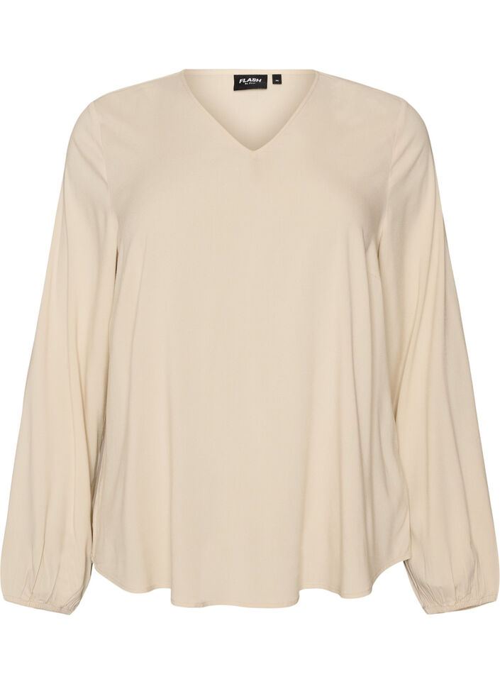 Viscose blouse met V-hals en afgeronde zoom, Beige, Packshot image number 0