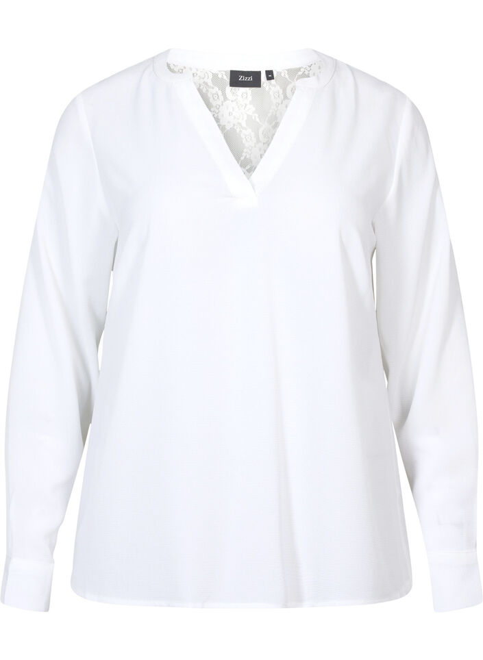 Blouse met lange mouwen en kanten detail , Bright White, Packshot image number 0