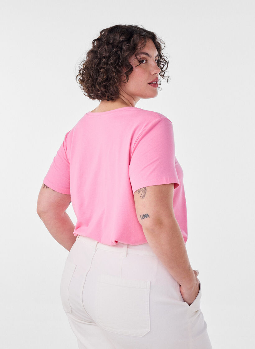 Basic t-shirt in effen kleur met katoen, Roze, Model image number 2