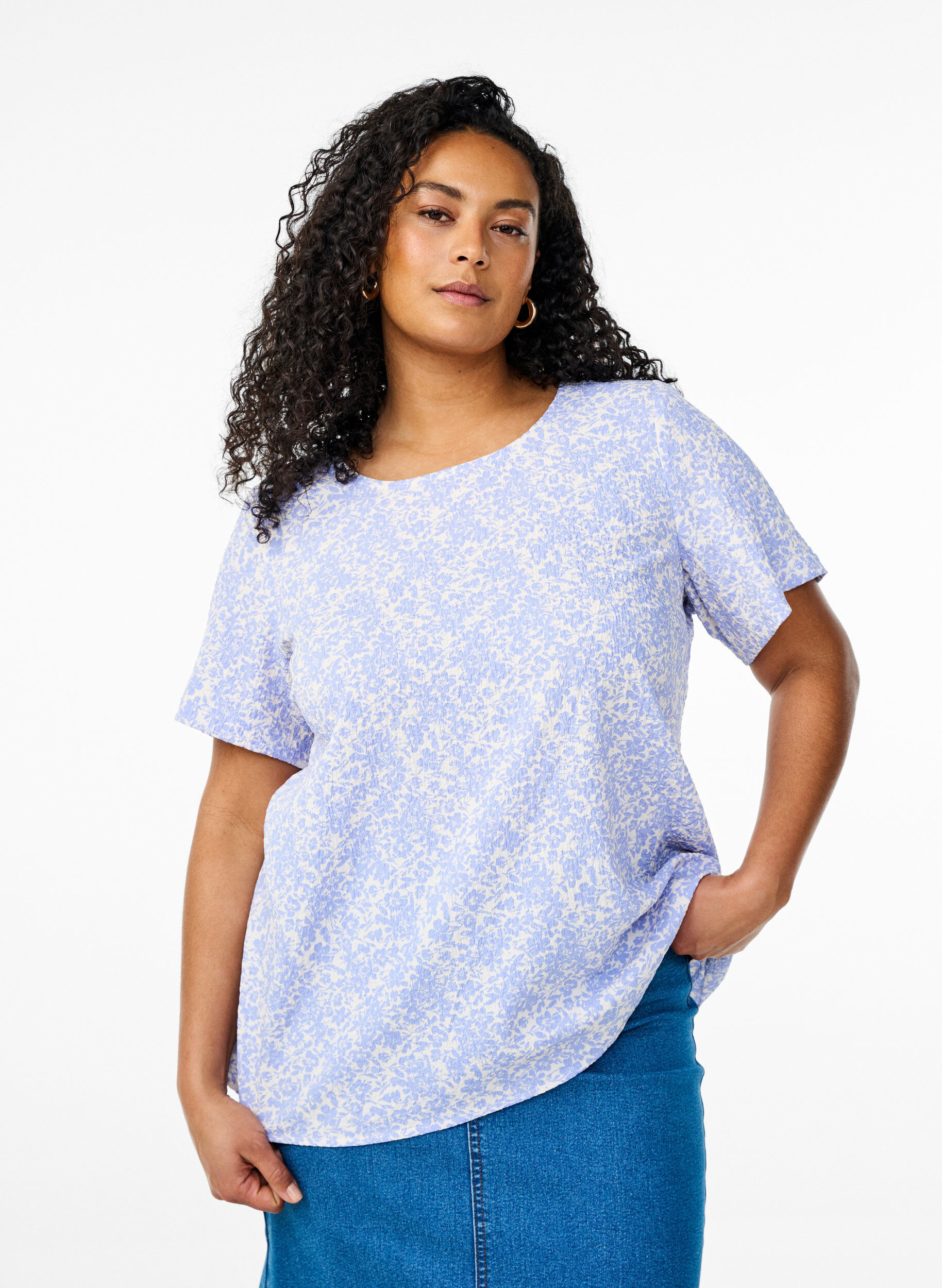 ZizziBlouse met korte mouwen en textuur, Blauw, Model image number 0