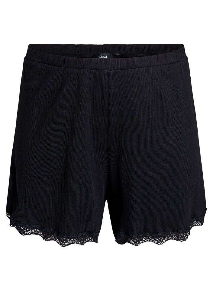 Lichte nachtshorts met ribde structuur en kanten afwerking, Zwart, Packshot image number 0