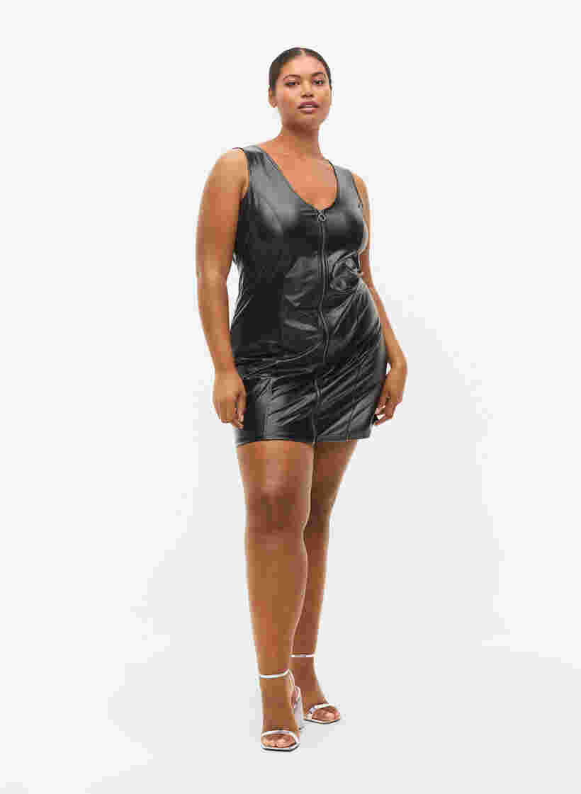 Kunstleren jurk met rits, Black, Model image number 2