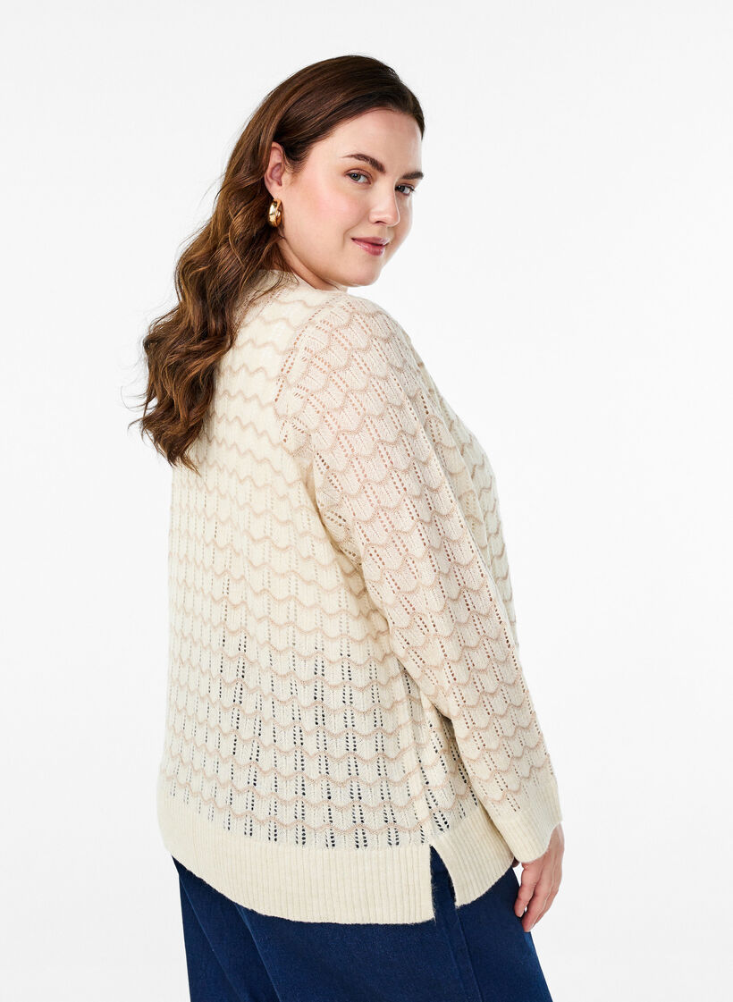 Gebreide cardigan met een opengewerkt patroon en golvende lijnen, Birch w. Simply T., Model image number 1