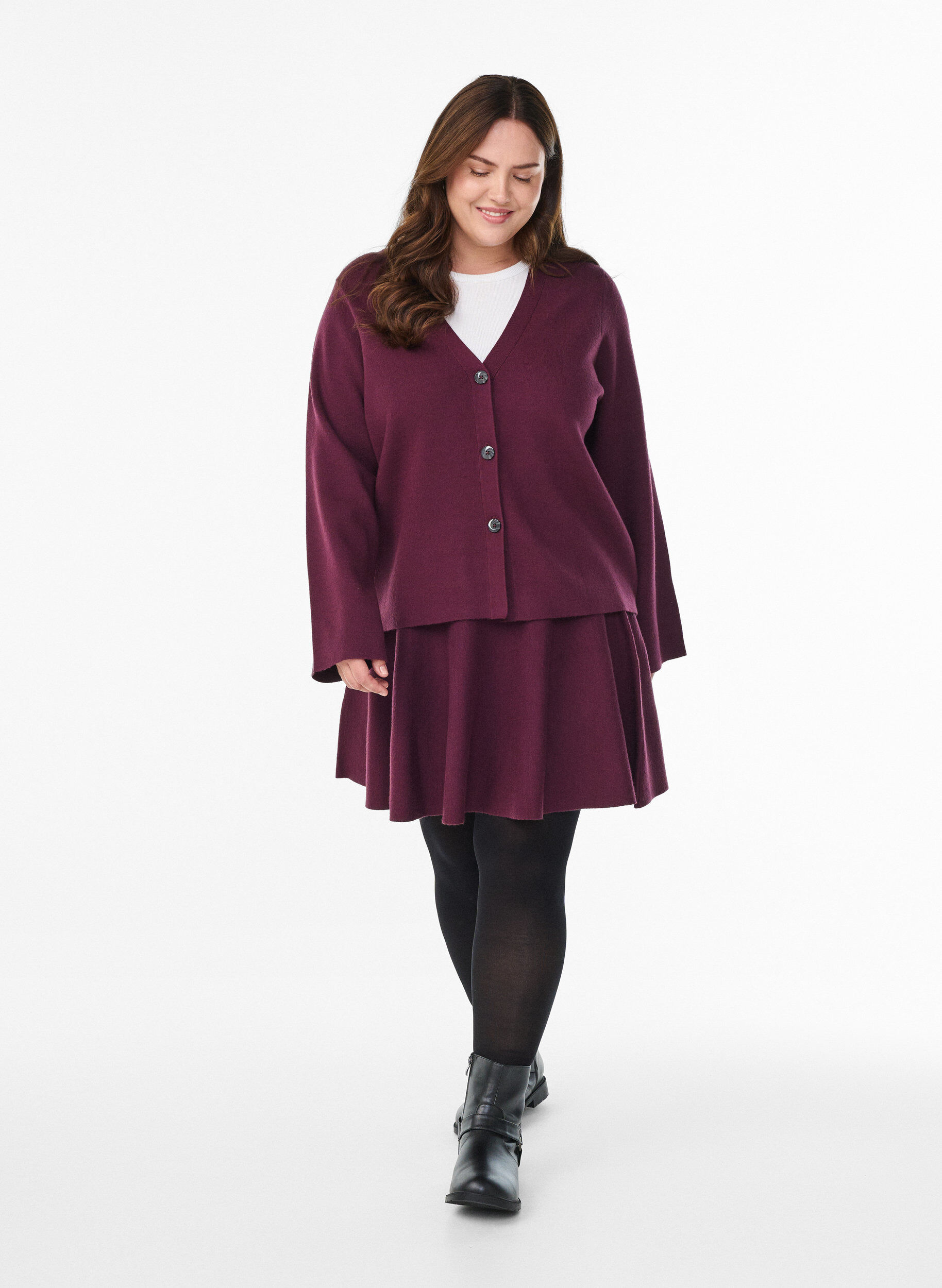 Zizzi Cardigan met V-hals en wijde mouwen, Donker Bordeaux, Model image number 1