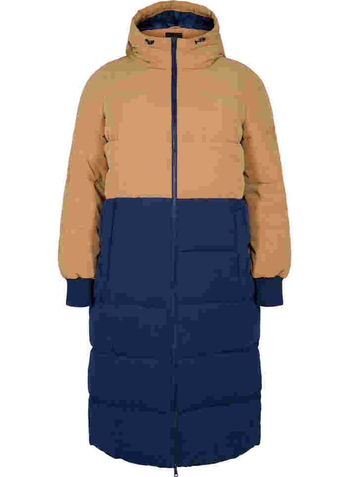 Lange winterjas met color-block, Tobacco Brown w/navy, Packshot image number 0