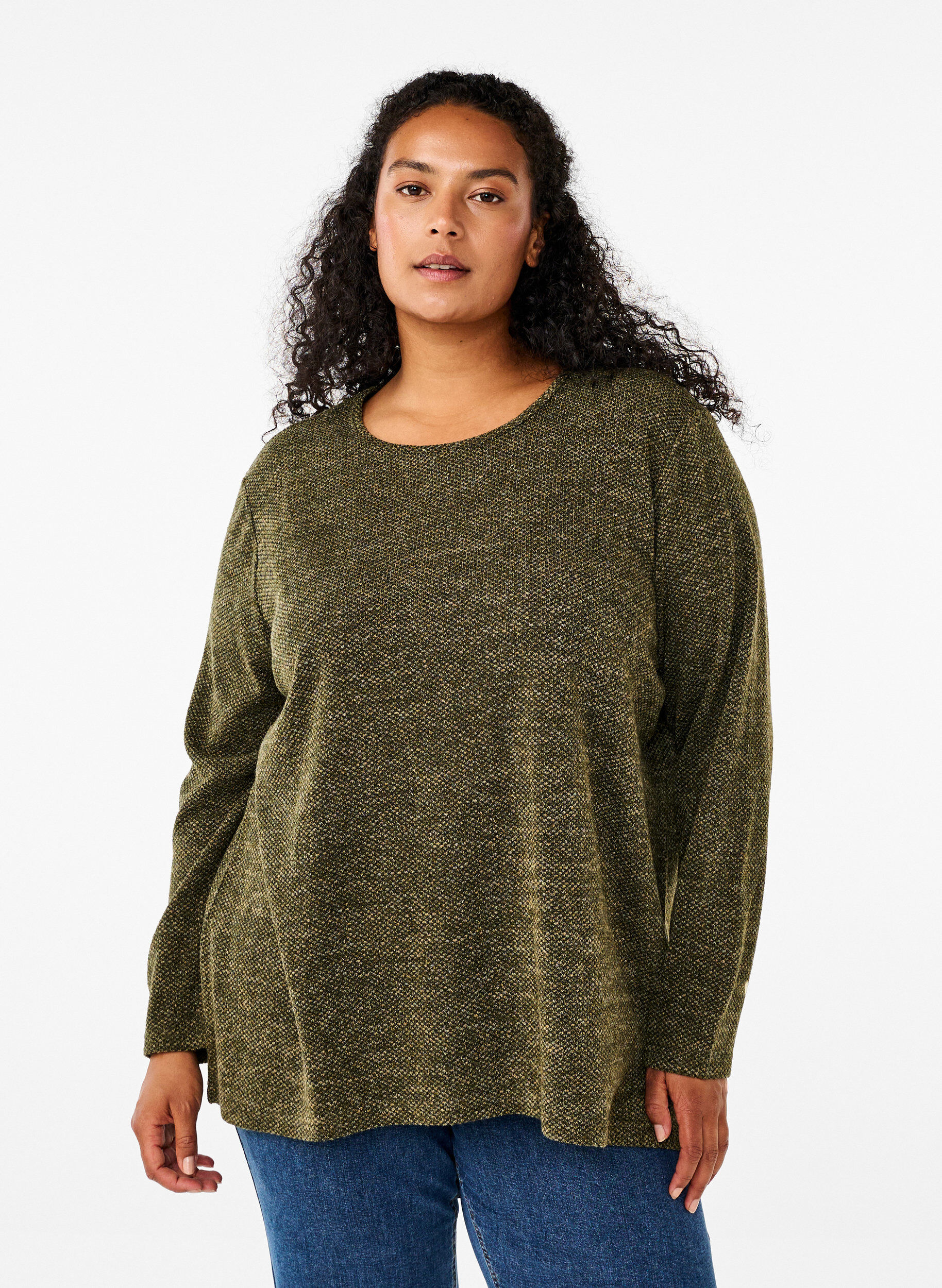 Zizzi Melange Blouse met een rond halsje en lange mouw, Winter Moss, Model image number 0