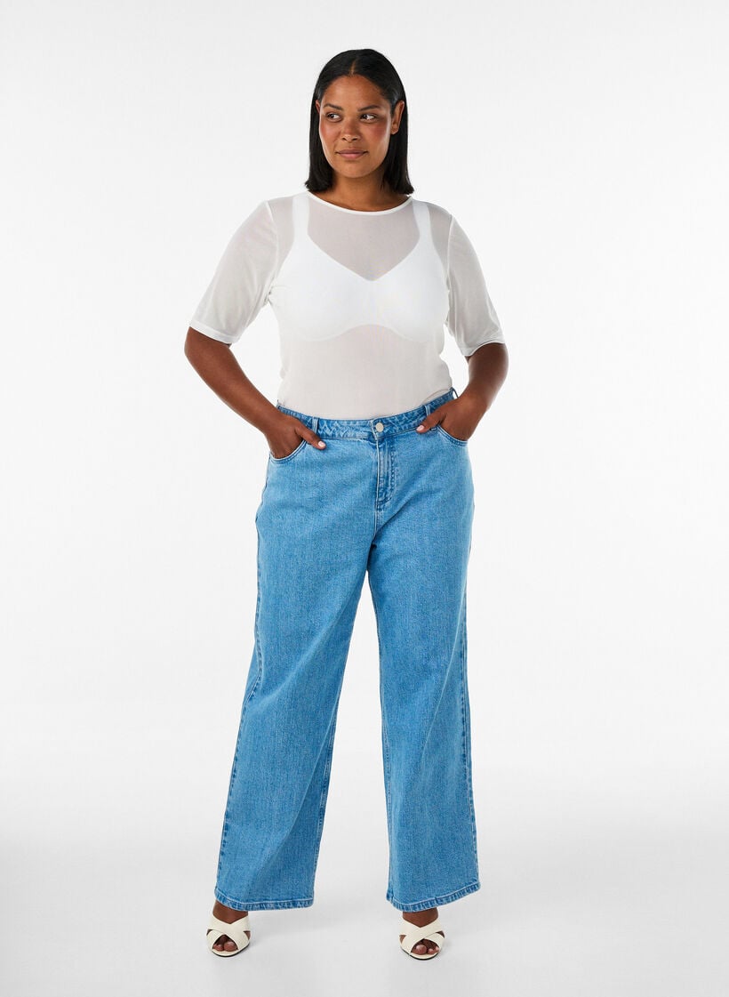 Mesh top met korte mouwen en ronde hals, Vanille, Model image number 1
