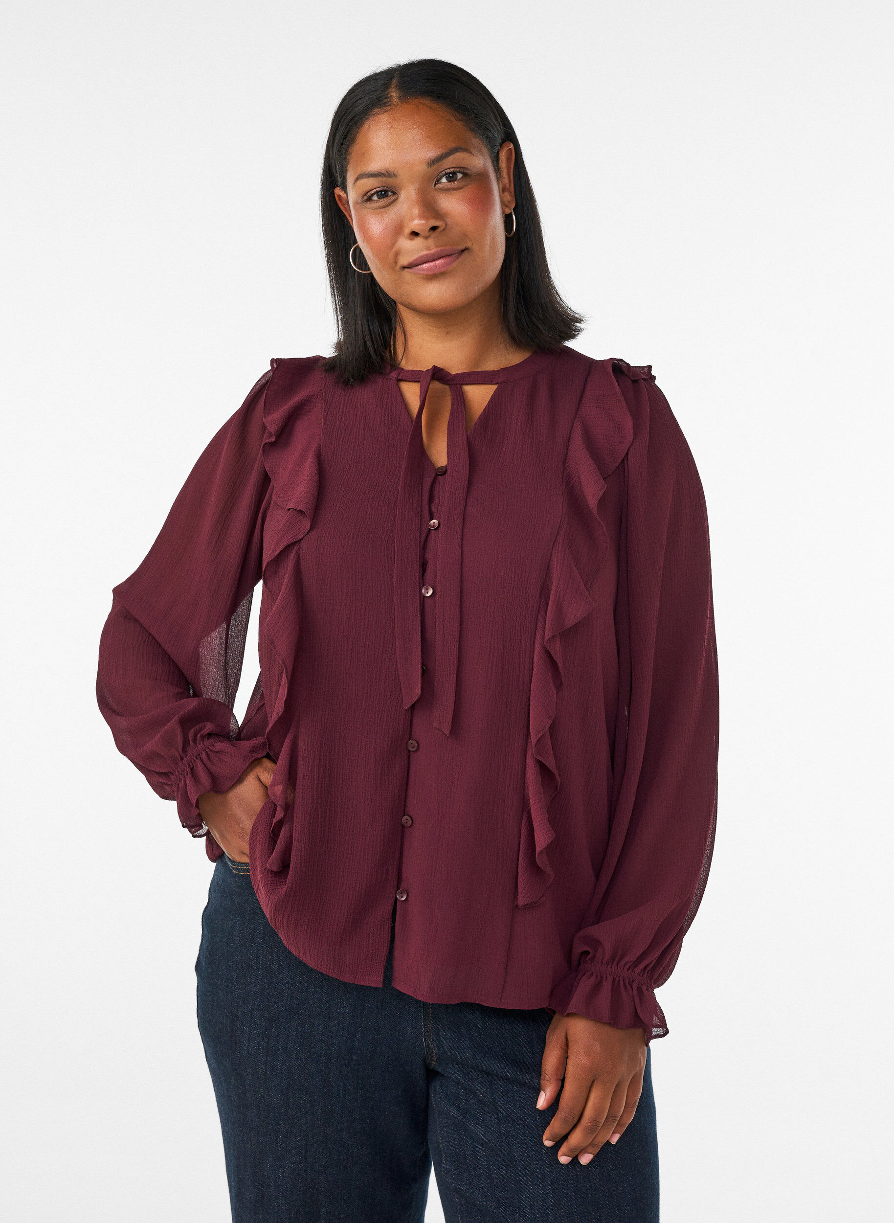 ZizziTransparante blouse met ruches en striksluiting, Rood, Model image number 0