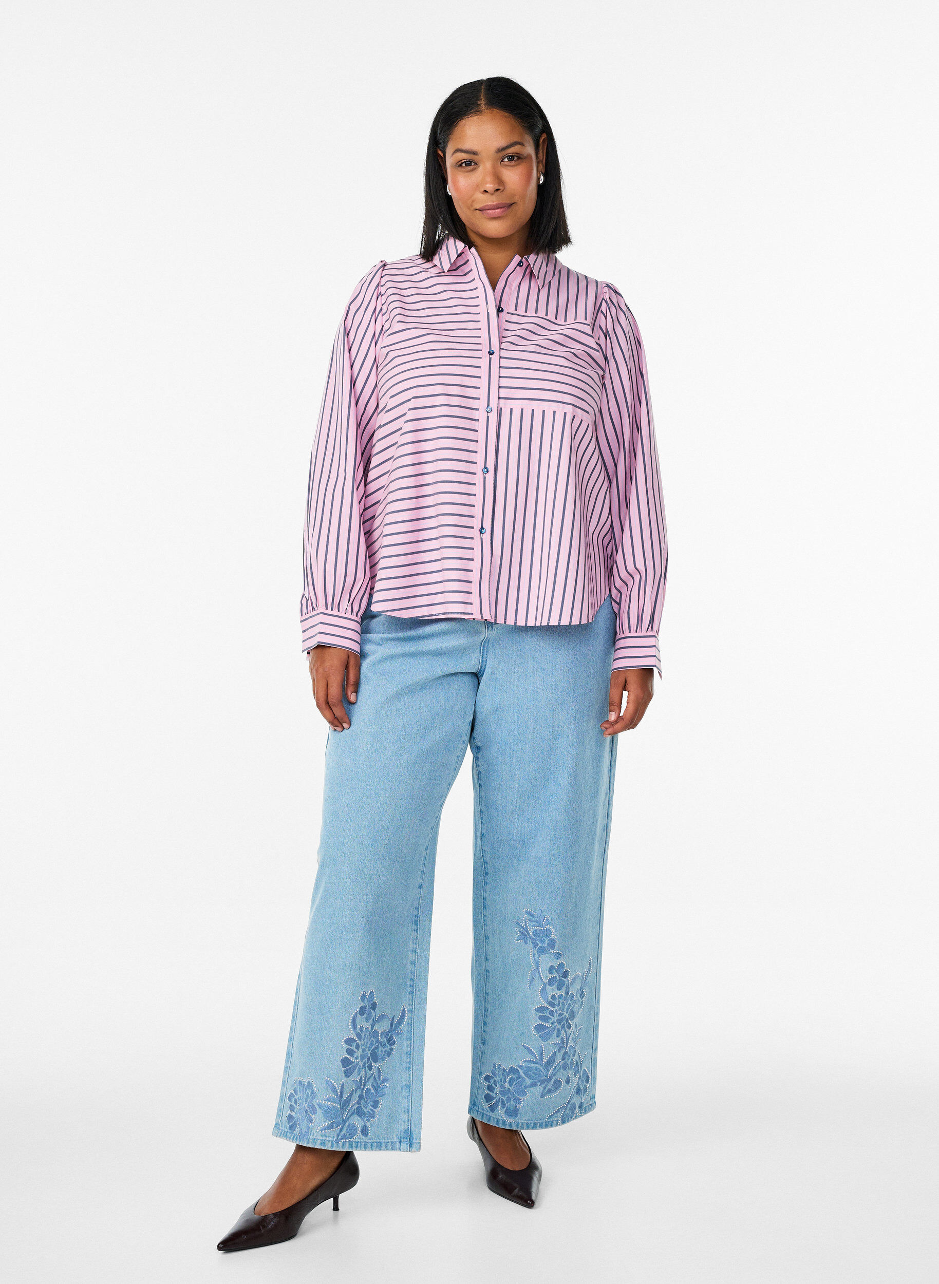 Zizzi Gestreept shirt met een klassieke kraag en lange mouwen, Roze, Model image number 1